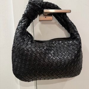 Black Genuine Leather Intrecciato Handwoven Jodie Shoulder Handbag